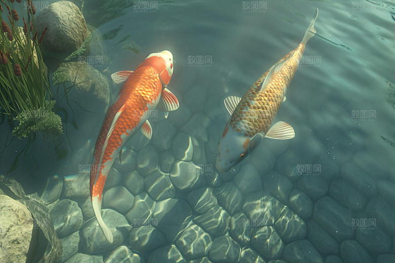 池塘锦鲤小桥流水中国风摄影图