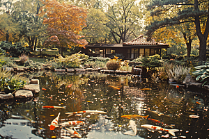 池塘锦鲤风光祈福摄影图