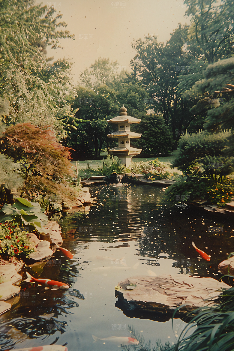 池塘锦鲤园景中式摄影图