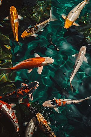 池塘锦鲤中式园林摄影图