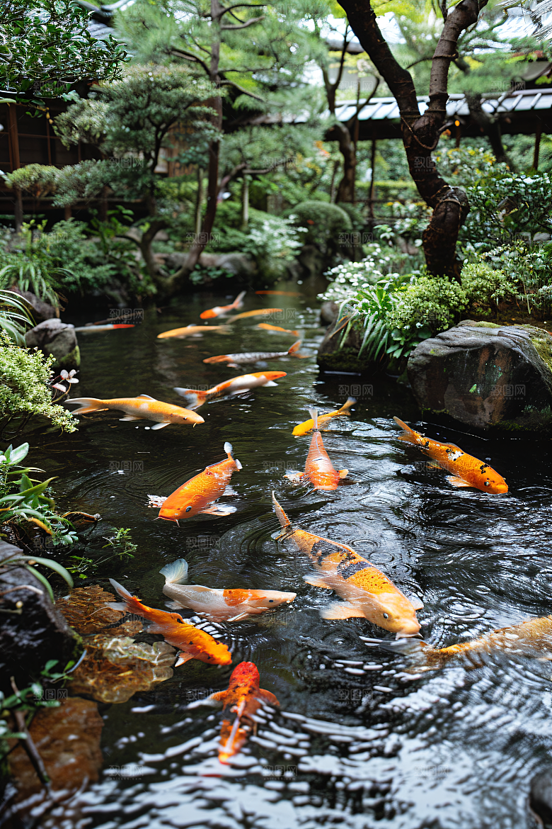 池塘锦鲤园景中国风摄影图