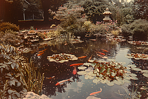 池塘锦鲤中国风园景摄影图