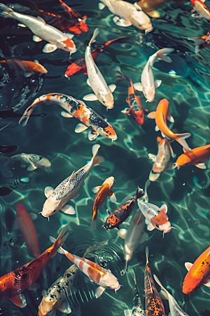 池塘锦鲤园景鱼塘摄影图