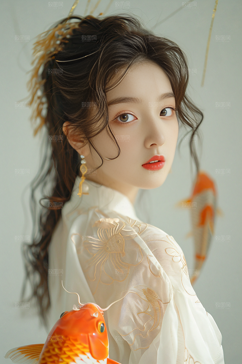 锦鲤汉服美女唯美高清素材