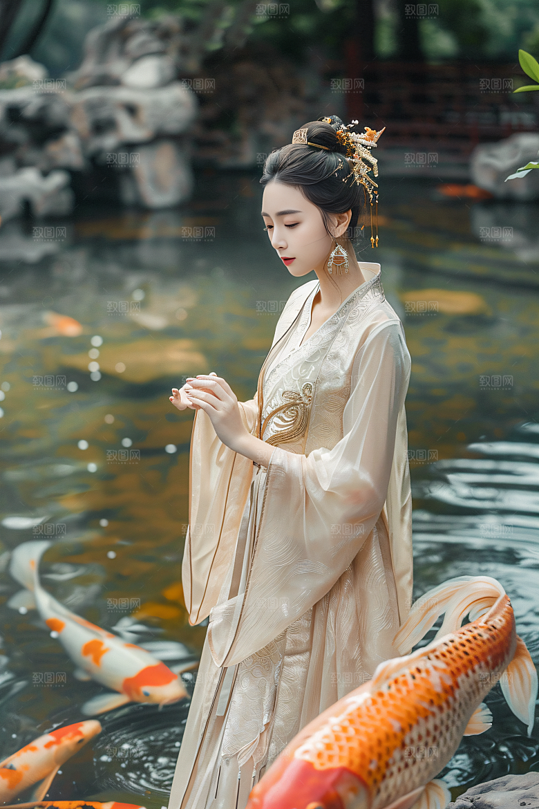 锦鲤汉服美女中国风精致素材