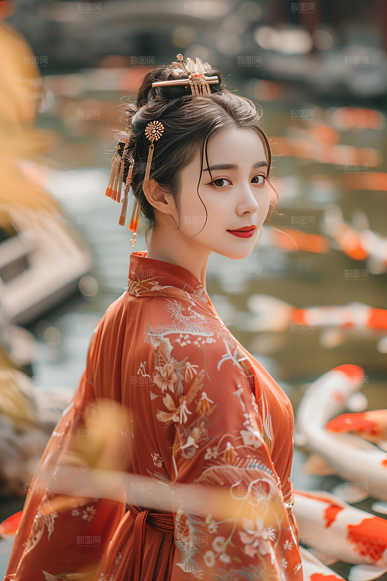 锦鲤汉服美女古风传统素材
