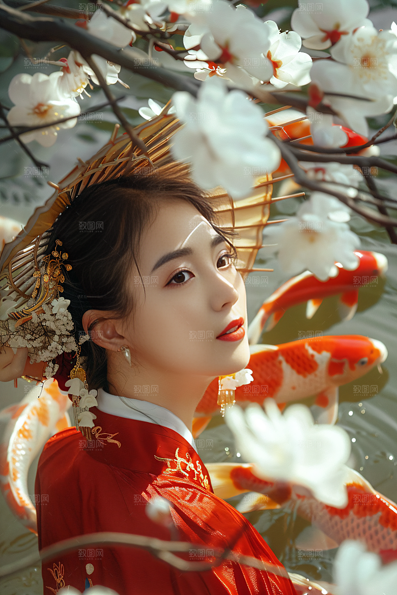 锦鲤汉服美女唯美人像素材