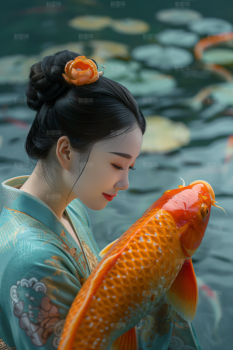 锦鲤汉服美女唯美肖像素材