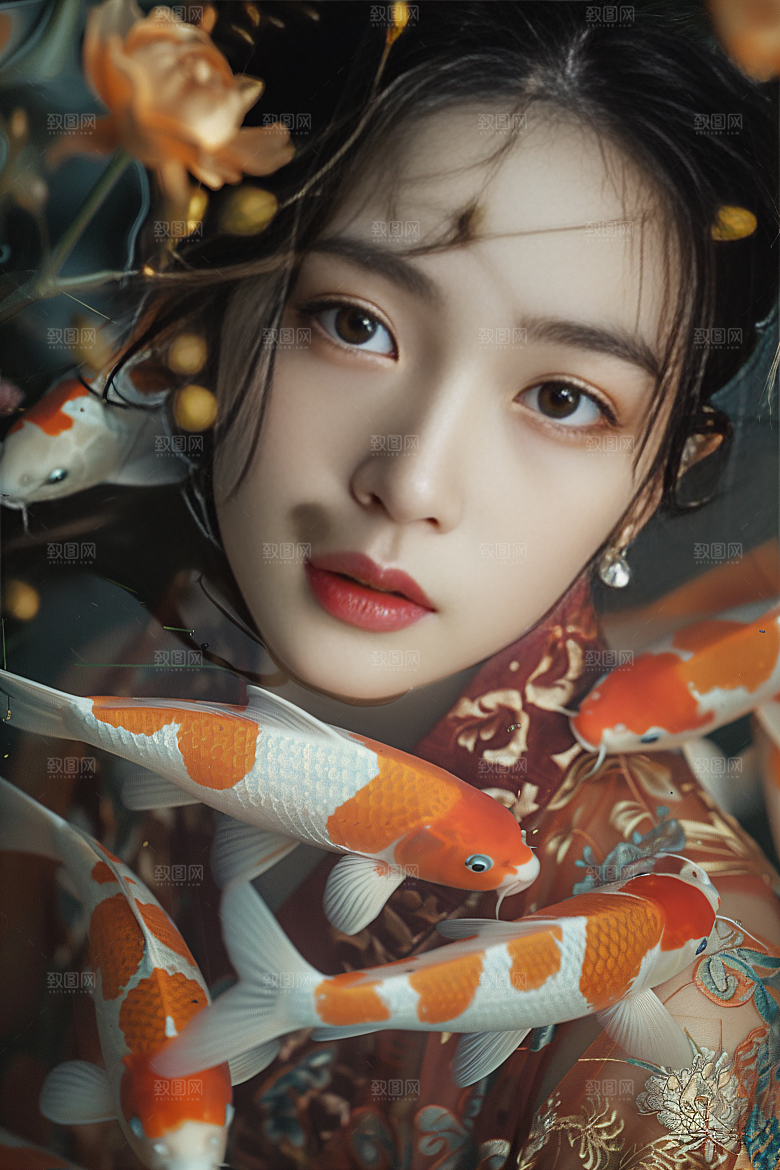 锦鲤汉服美女古风高清素材