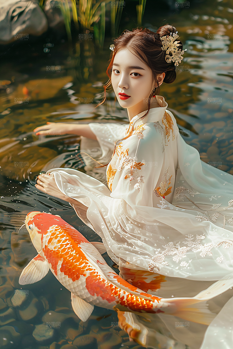 锦鲤汉服美女优雅肖像素材