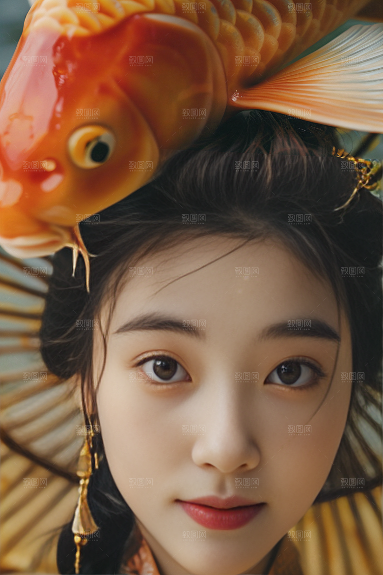 锦鲤汉服美女吉祥优雅素材