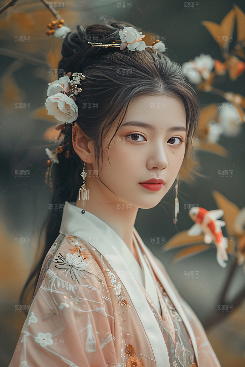 锦鲤汉服美女精致古风素材