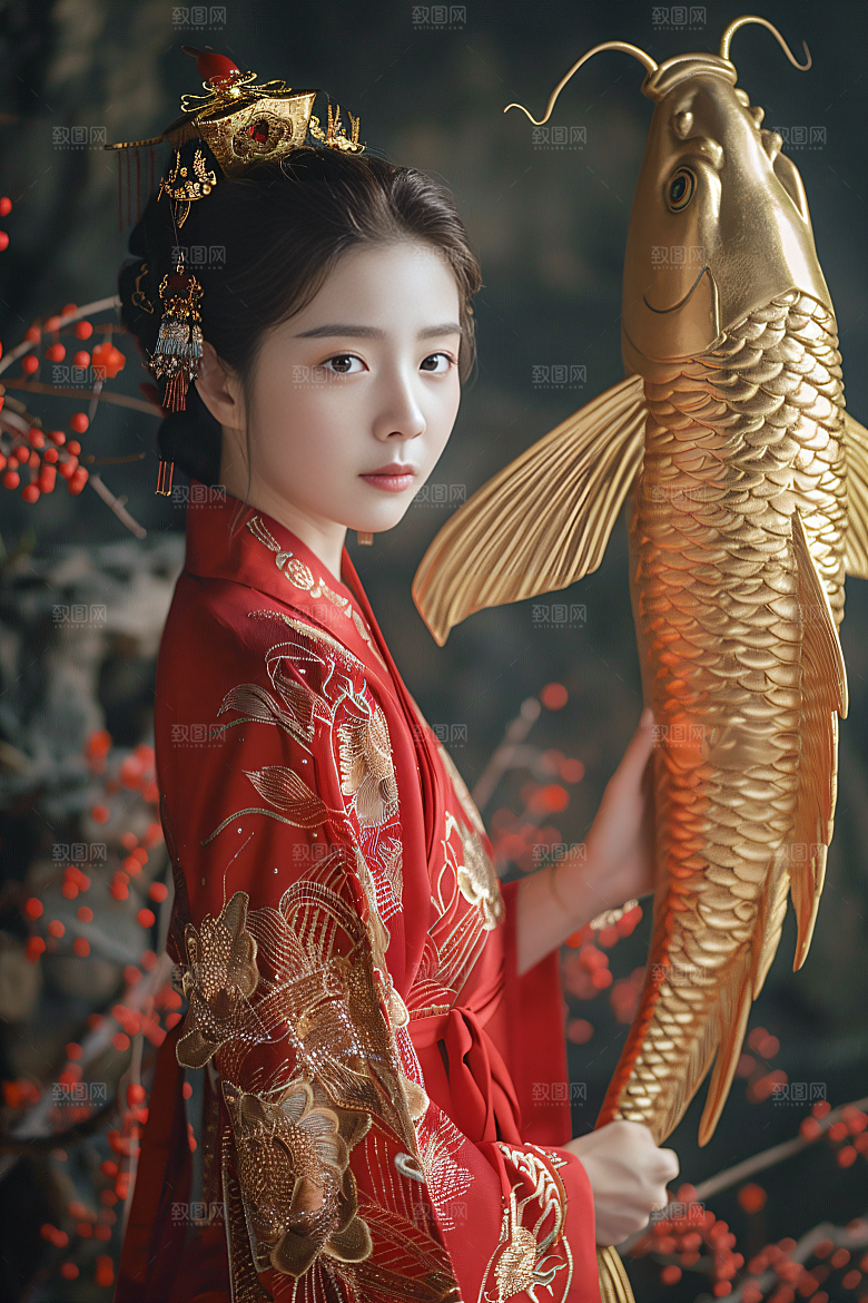 锦鲤汉服美女高清肖像素材