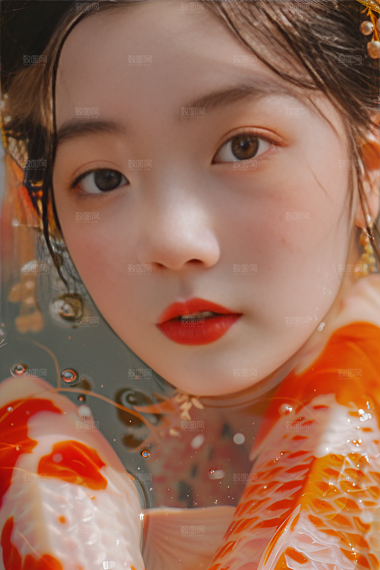 锦鲤汉服美女优雅中国风素材