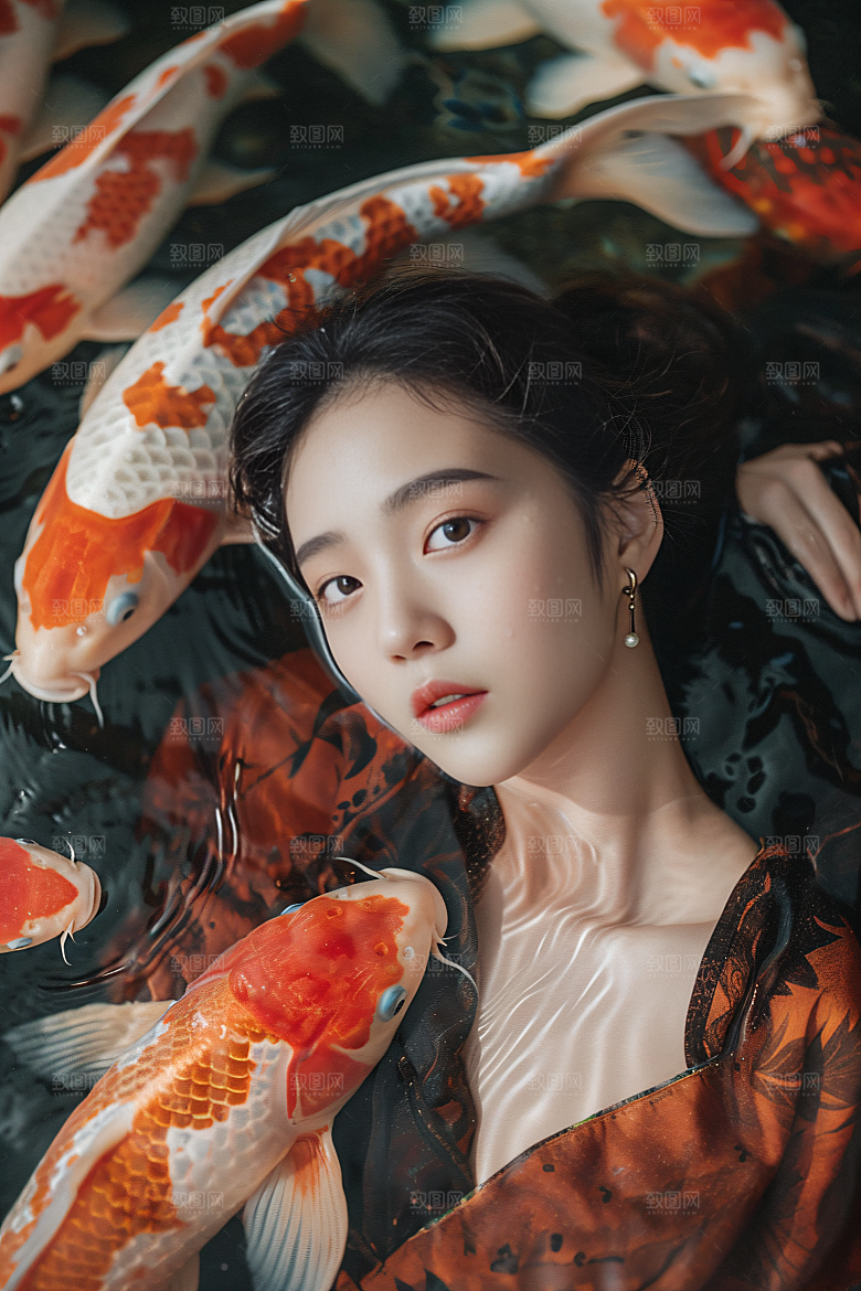 锦鲤汉服美女中国风唯美素材