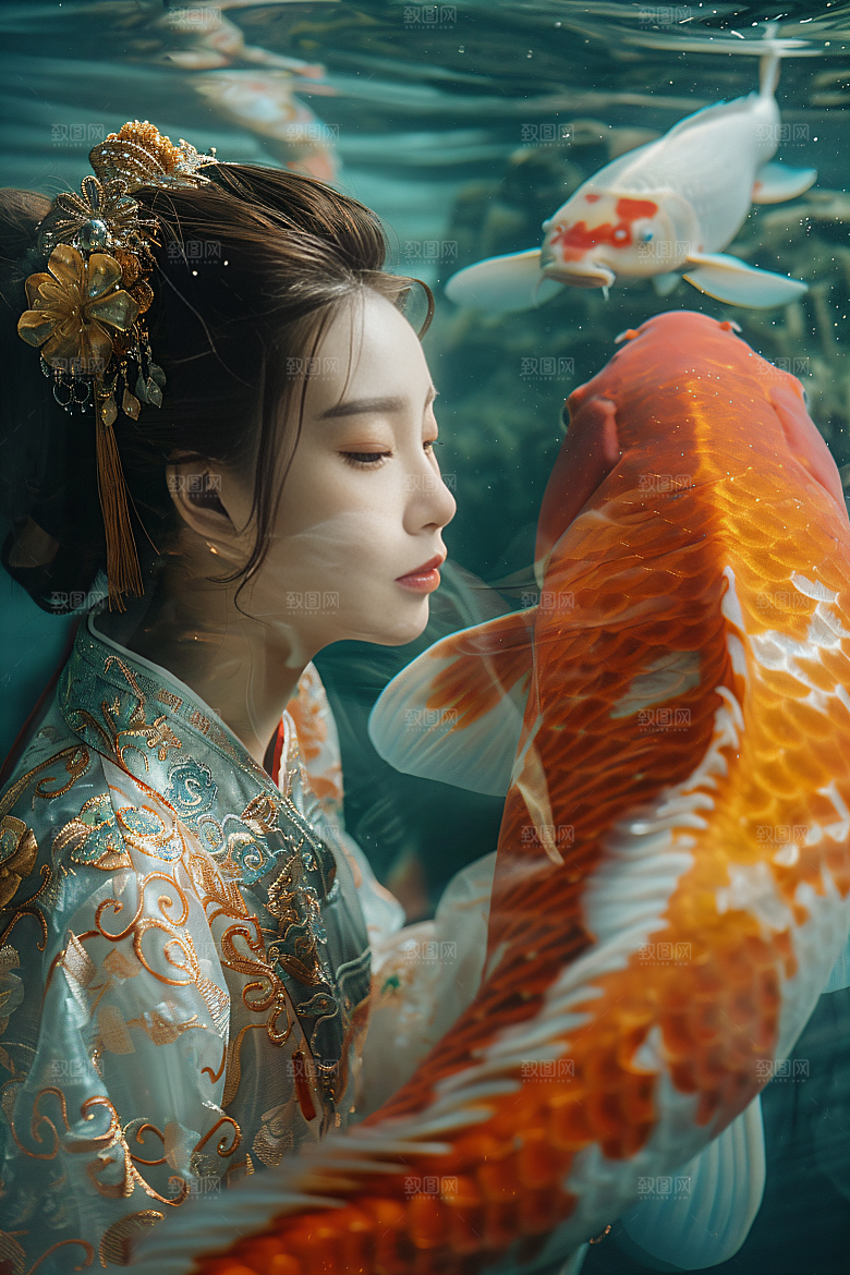锦鲤汉服美女精致肖像素材