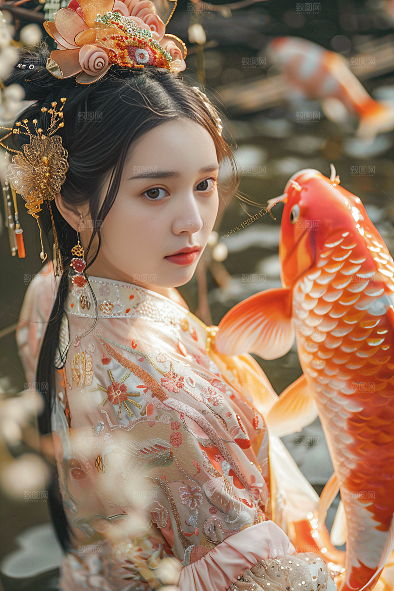 锦鲤汉服美女唯美传统素材