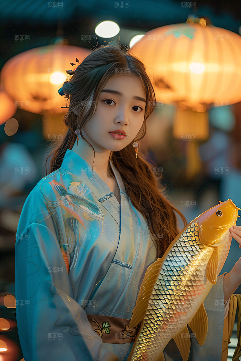 锦鲤汉服美女传统吉祥素材