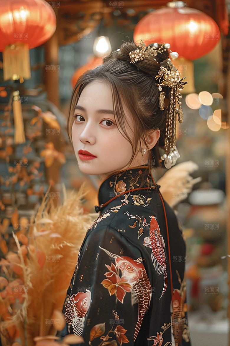 锦鲤汉服美女精致吉祥素材