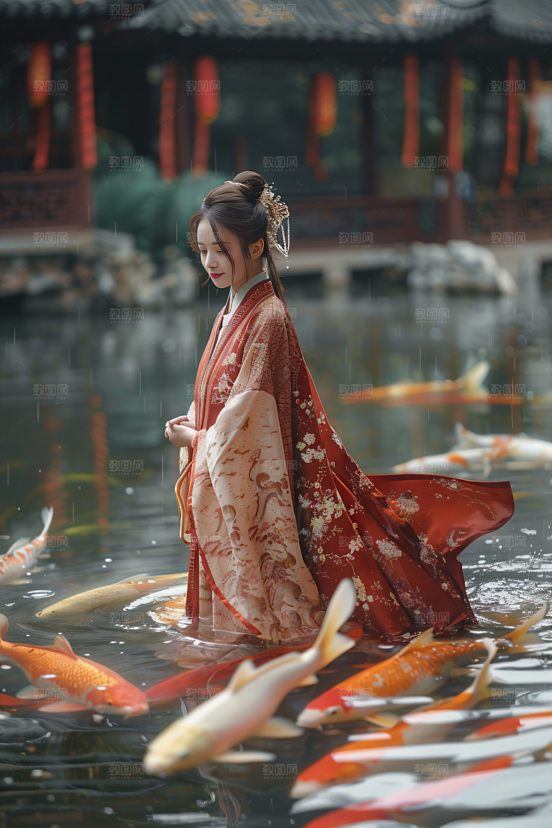 锦鲤汉服美女肖像古风素材