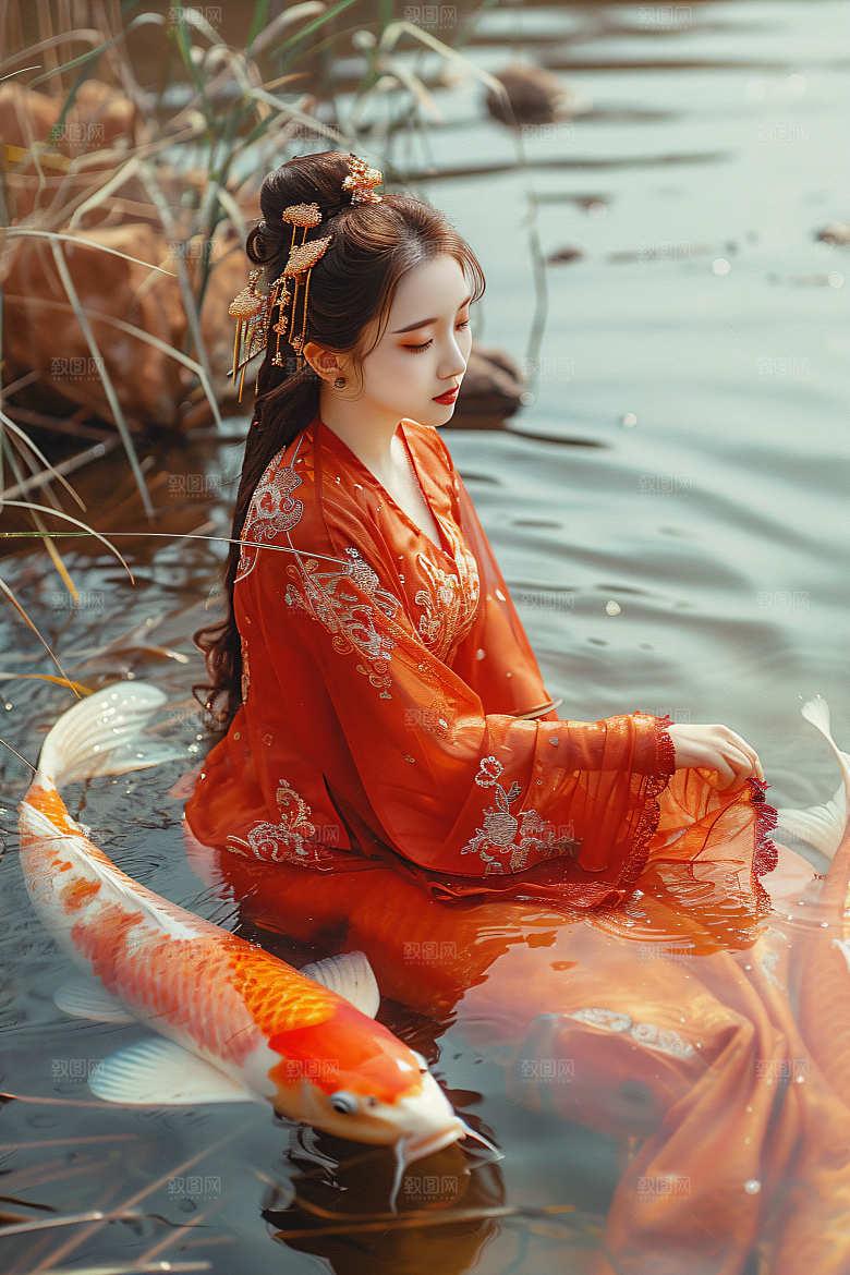 锦鲤汉服美女吉祥高清素材