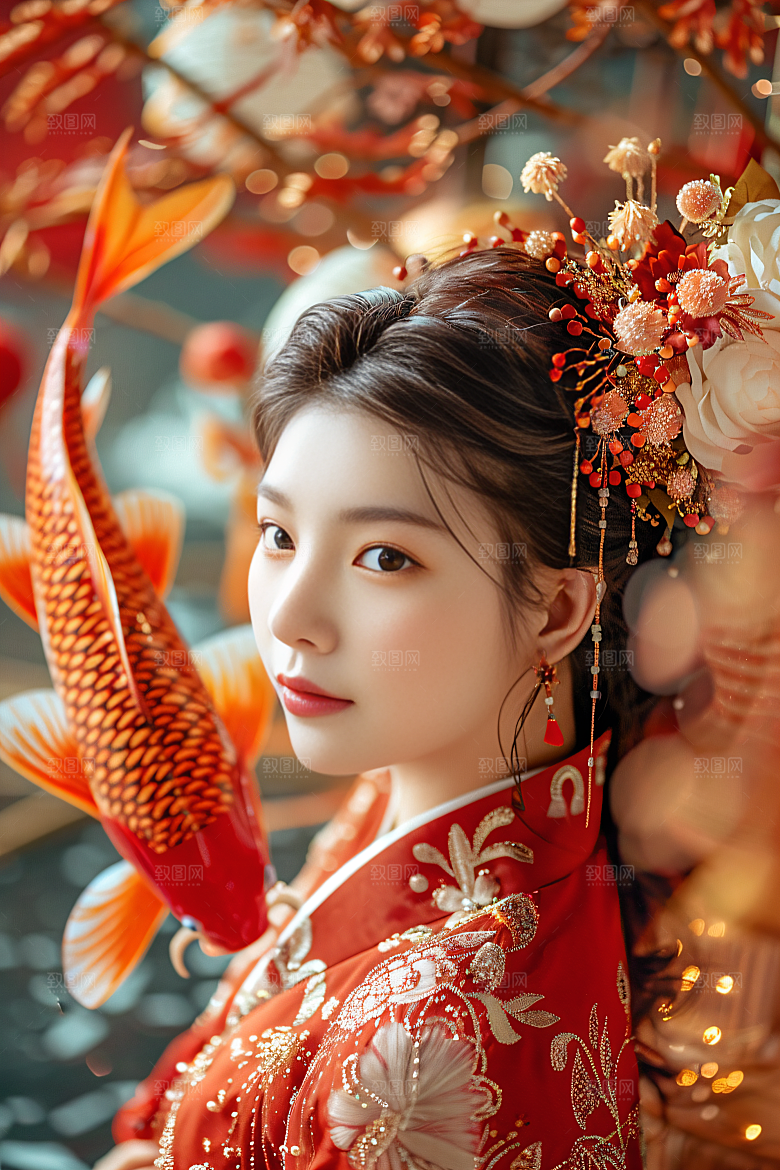 锦鲤汉服美女肖像传统素材