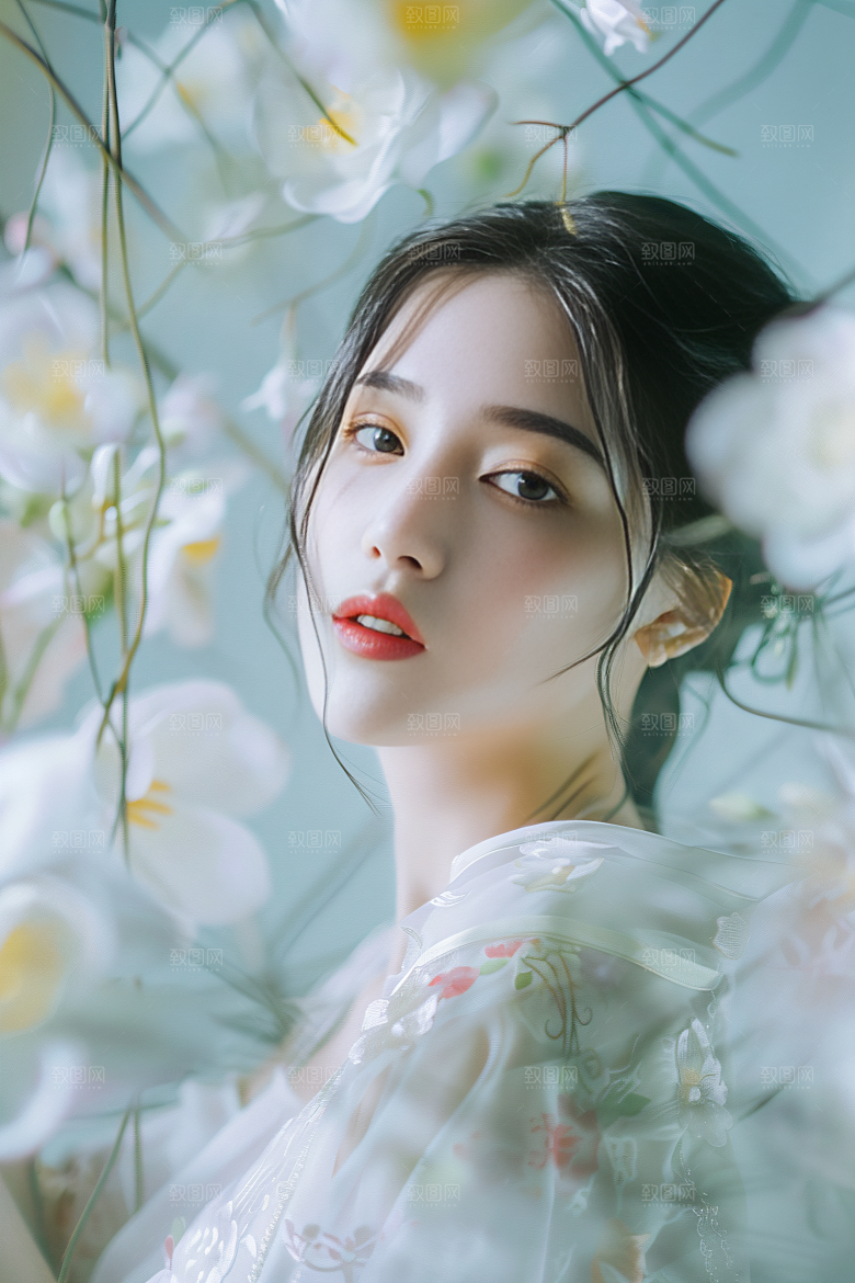 锦鲤汉服美女唯美肖像素材