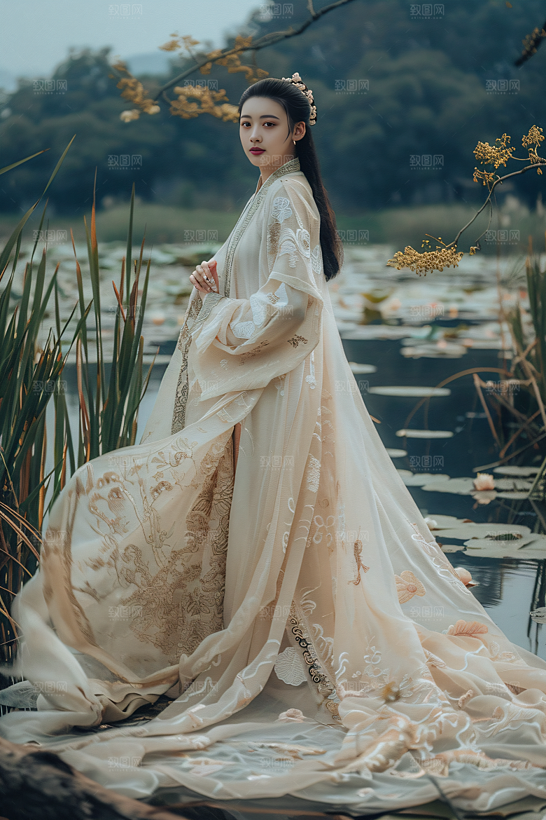 锦鲤汉服美女高清传统素材