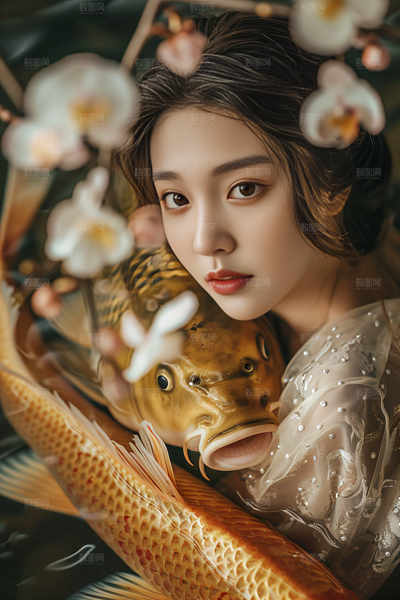 锦鲤汉服美女肖像中国风素材