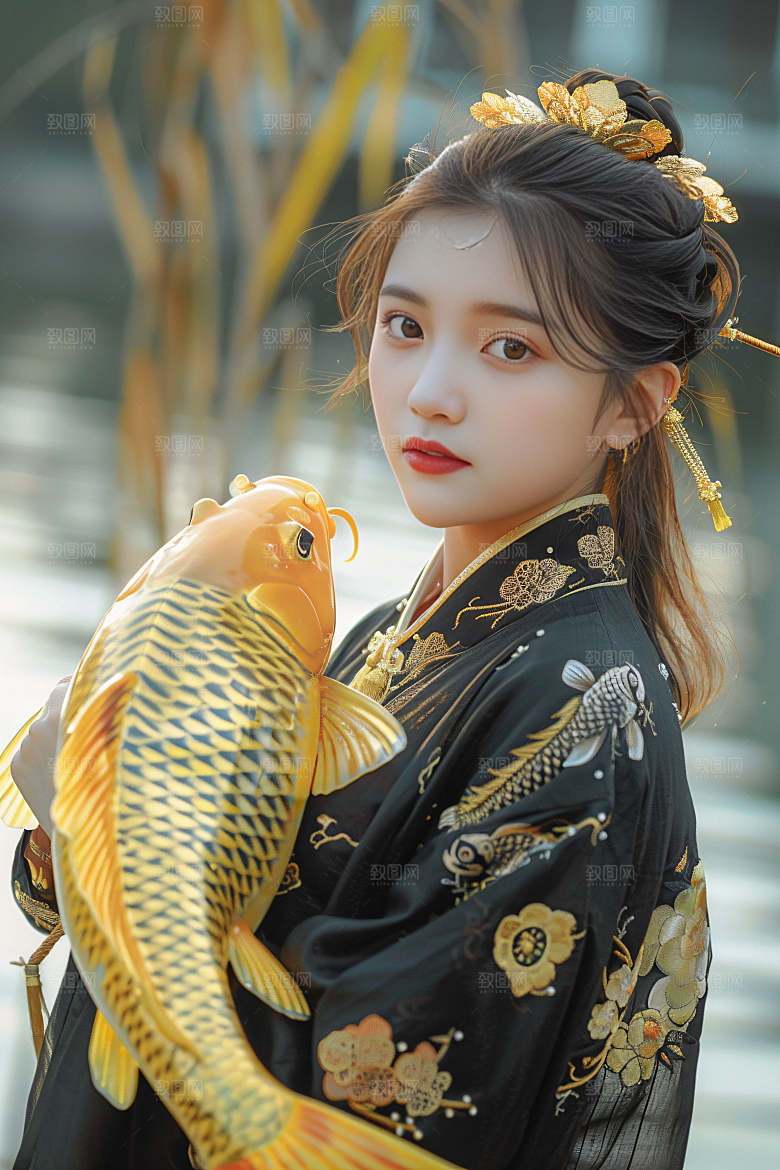 锦鲤汉服美女传统吉祥素材
