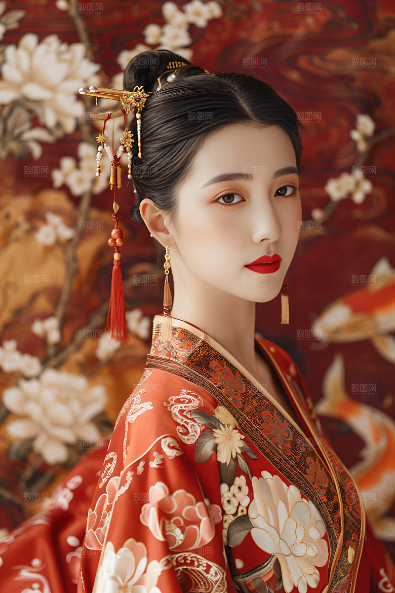 锦鲤汉服美女传统吉祥素材
