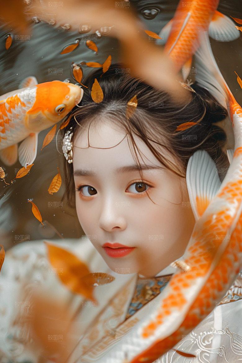 锦鲤汉服美女中国风精致素材