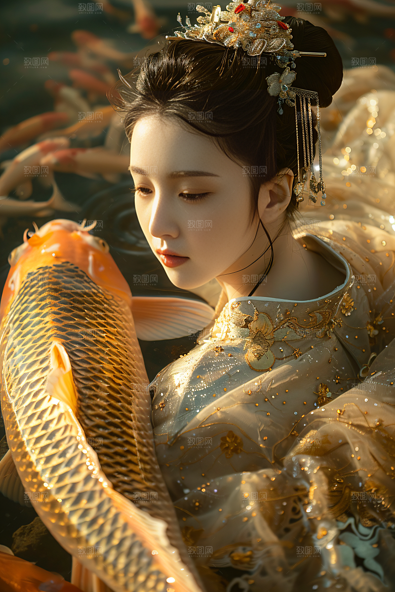 锦鲤汉服美女古风吉祥素材