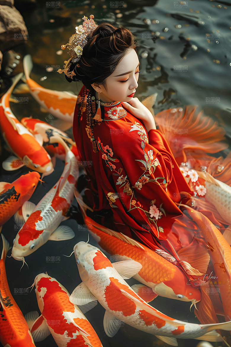 锦鲤汉服美女古风唯美素材