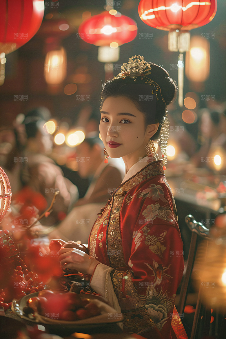 锦鲤汉服美女优雅中国风素材