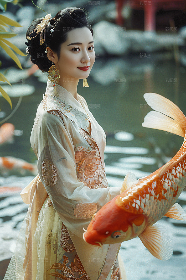 锦鲤汉服美女吉祥古风素材