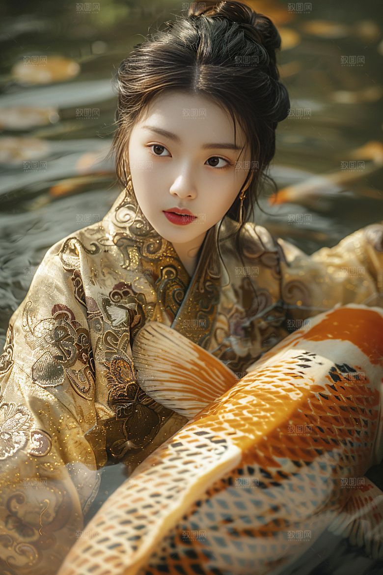 锦鲤汉服美女传统古风素材