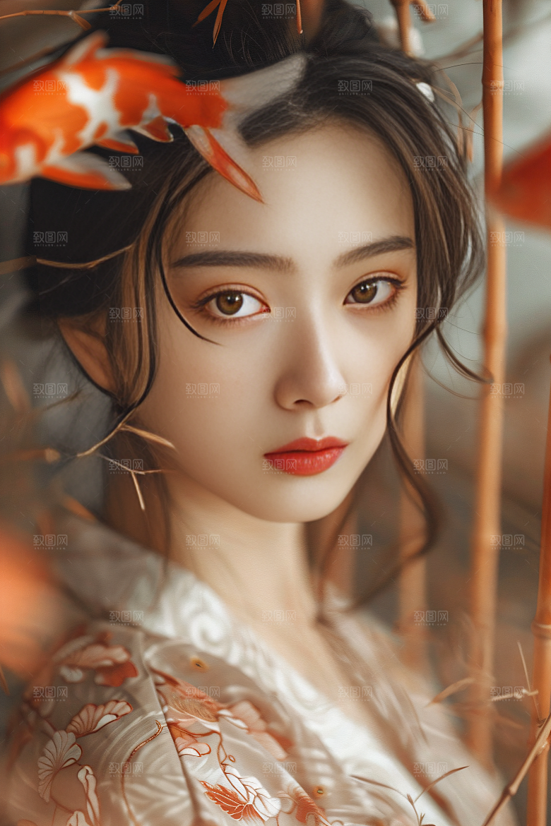 锦鲤汉服美女高清吉祥素材