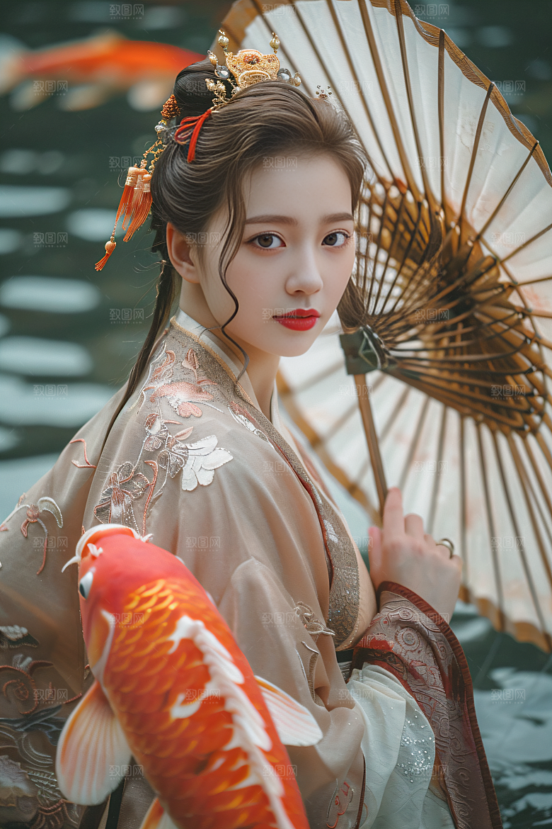 锦鲤汉服美女古风高清素材