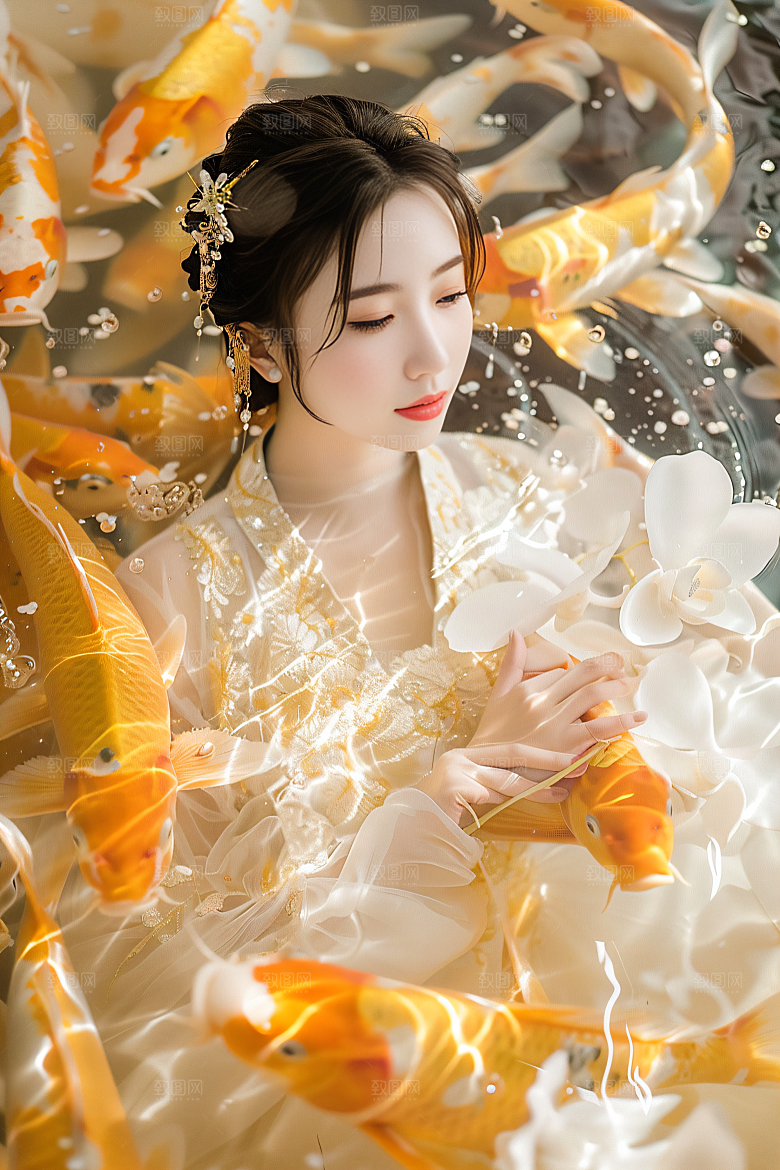 锦鲤汉服美女高清吉祥素材