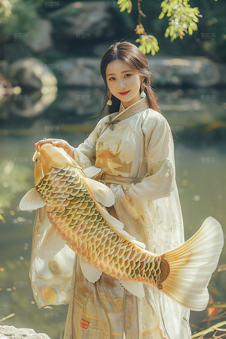 锦鲤汉服美女中国风精致素材