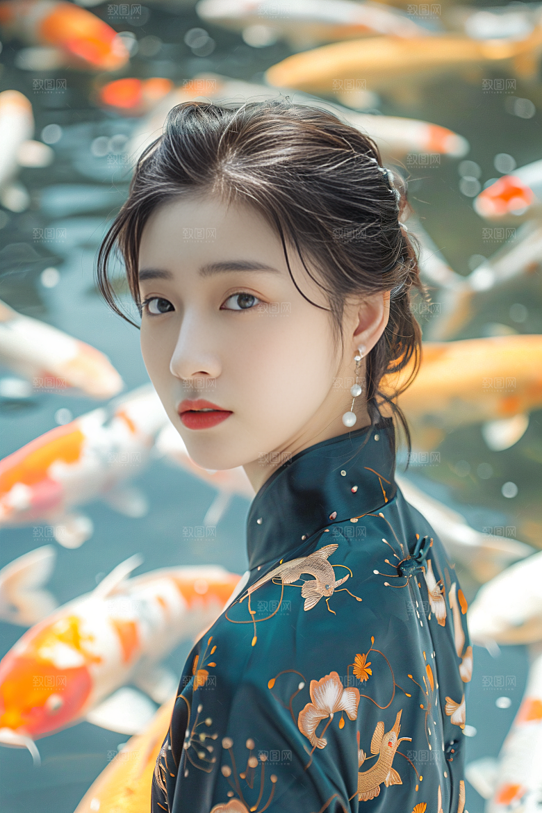 锦鲤汉服美女古风传统素材