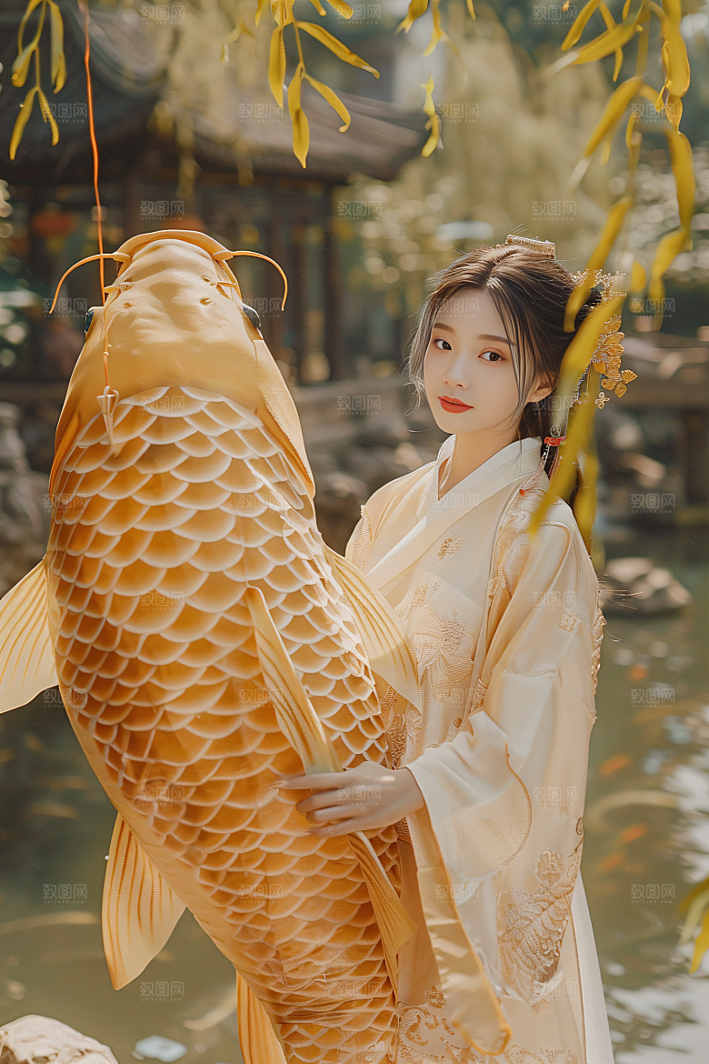 锦鲤汉服美女古风吉祥素材