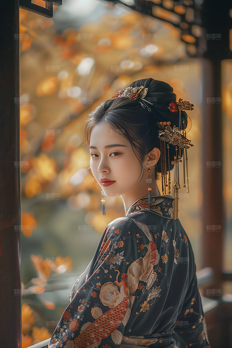 锦鲤汉服美女金鱼精致素材