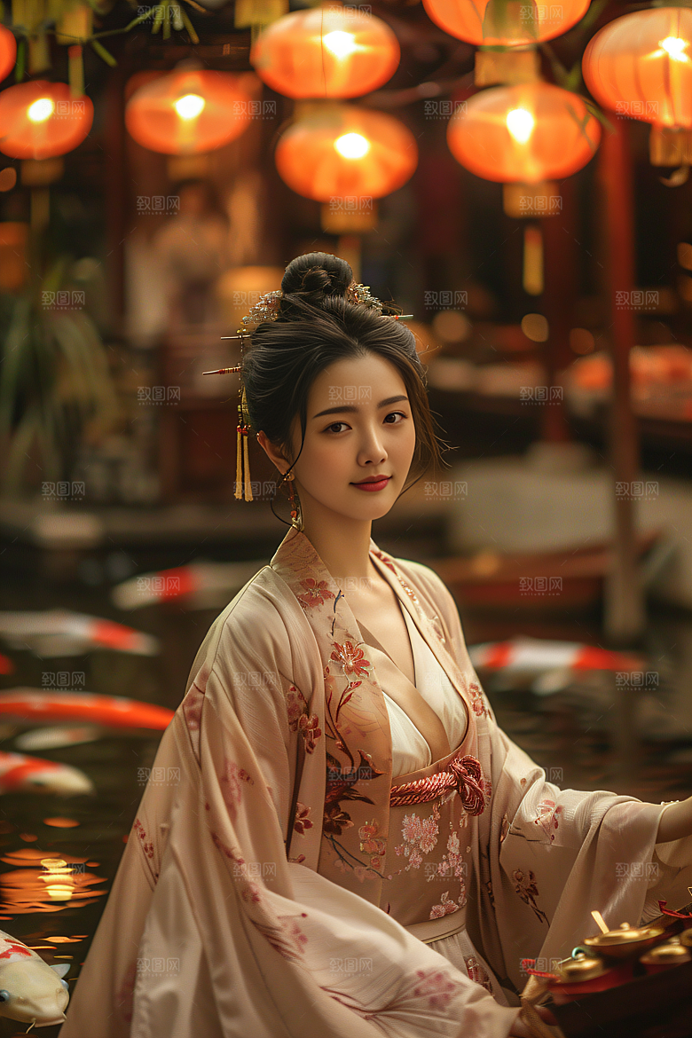 锦鲤汉服美女传统唯美素材