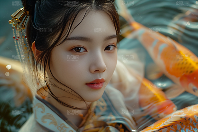 锦鲤汉服美女人像中国风素材