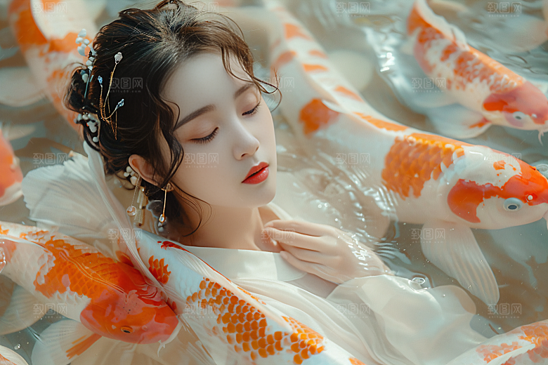 锦鲤汉服美女金鱼肖像素材