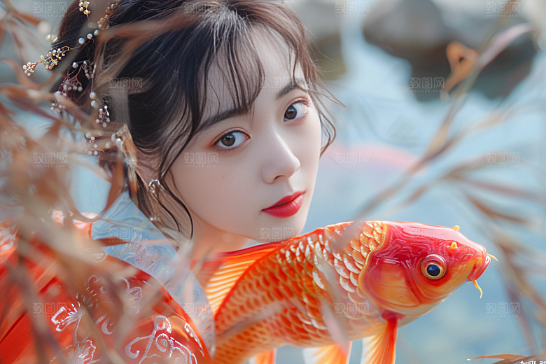 锦鲤汉服美女优雅古风素材