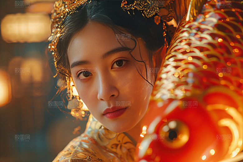 锦鲤汉服美女唯美古风素材