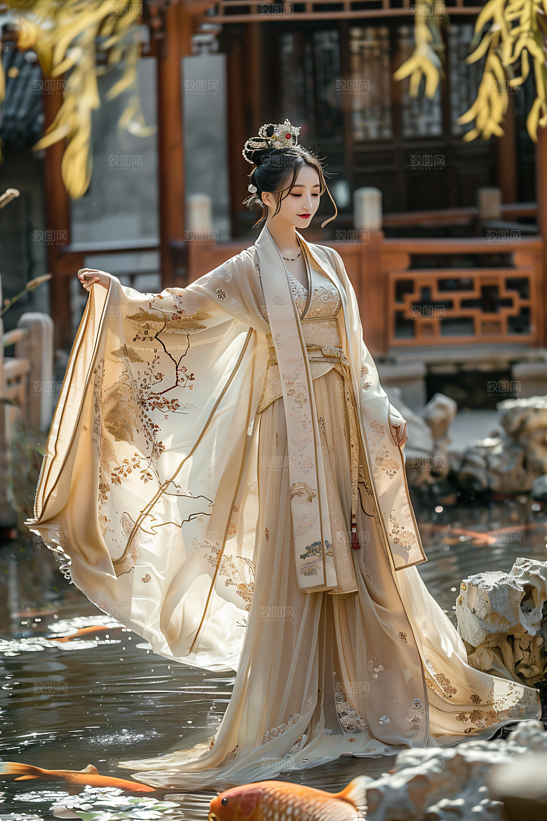 锦鲤汉服美女唯美吉祥素材